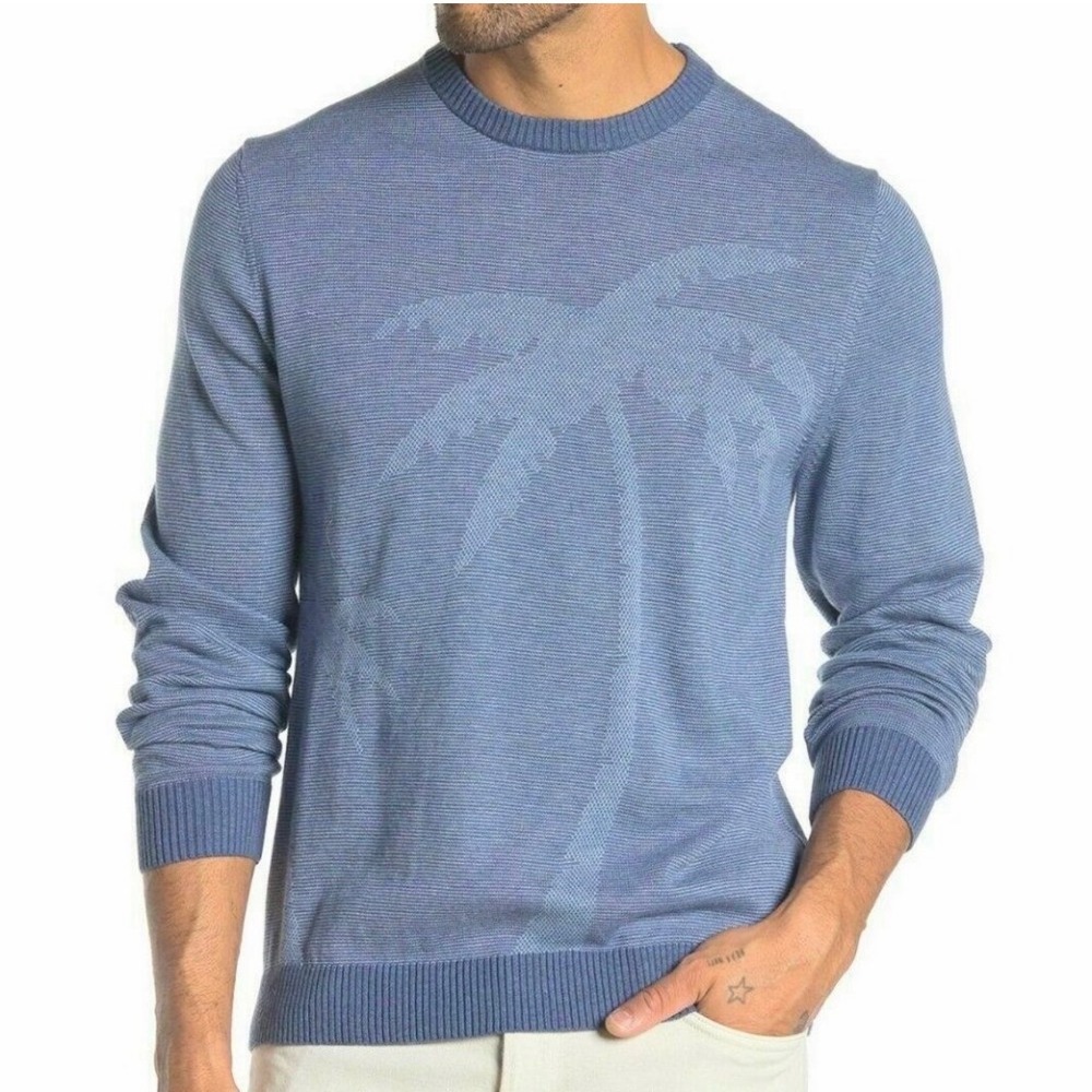 Tommy Bahama Palma Stripe Palm Tree Crew Neck Sweater Monaco Blue Size L